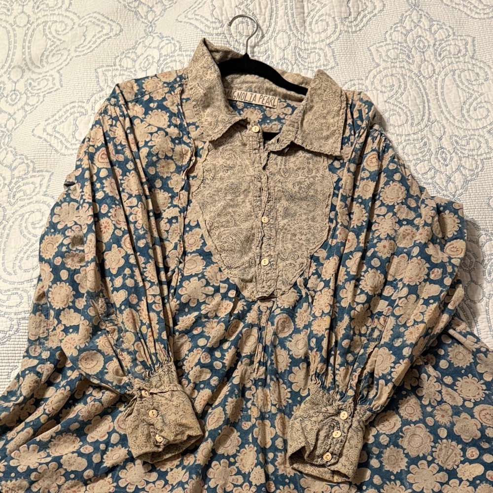 Magnolia Pearl Blue and Tan Floral Button Down Shirt